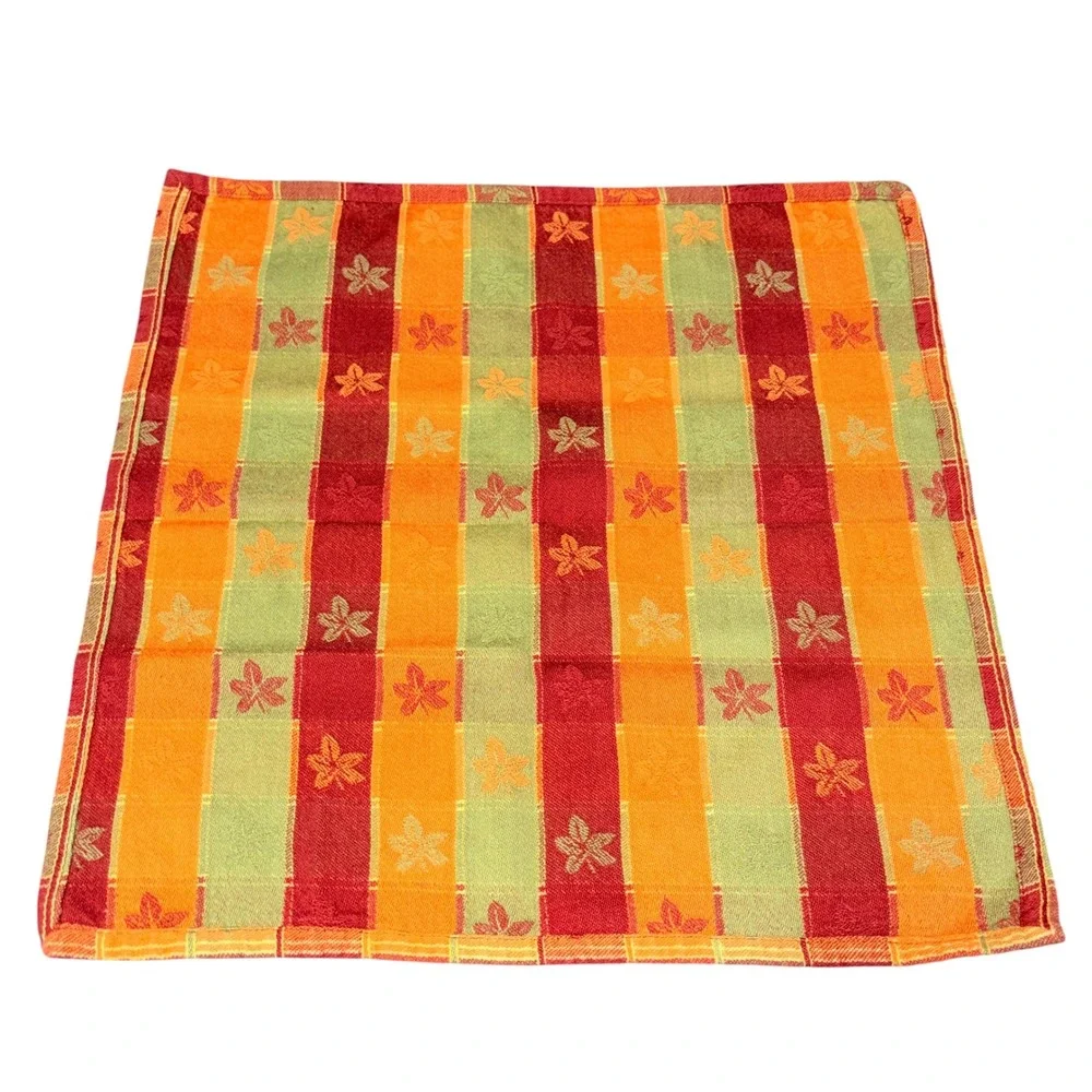 8 Vtg Fall Harvest Plaid Cloth Napkins Pumpkin Leaf Orange Red Green Square